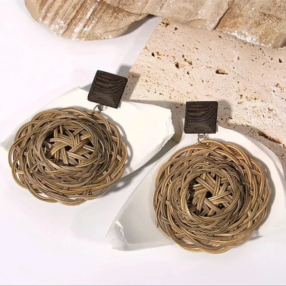 Anthropologie Jewelry - Anthro Rattan Knit Bohemian Earrings